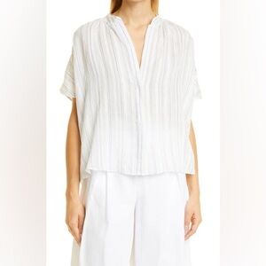 Short Sleeve Drapey Stripe Shirred Button Down Blouse Off White Blue size Small